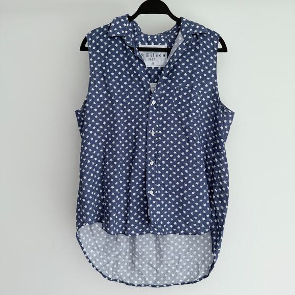 Frank & Eileen Fiona Top Women Medium Blue Linen Sleeveless Button Up Star Print - Picture 1 of 11